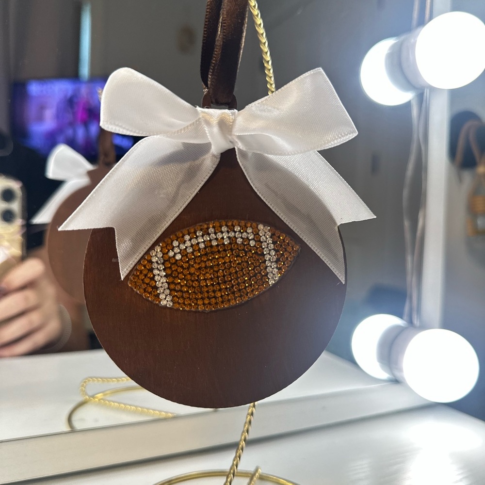 Brown Football Wood Ornament with White Bow